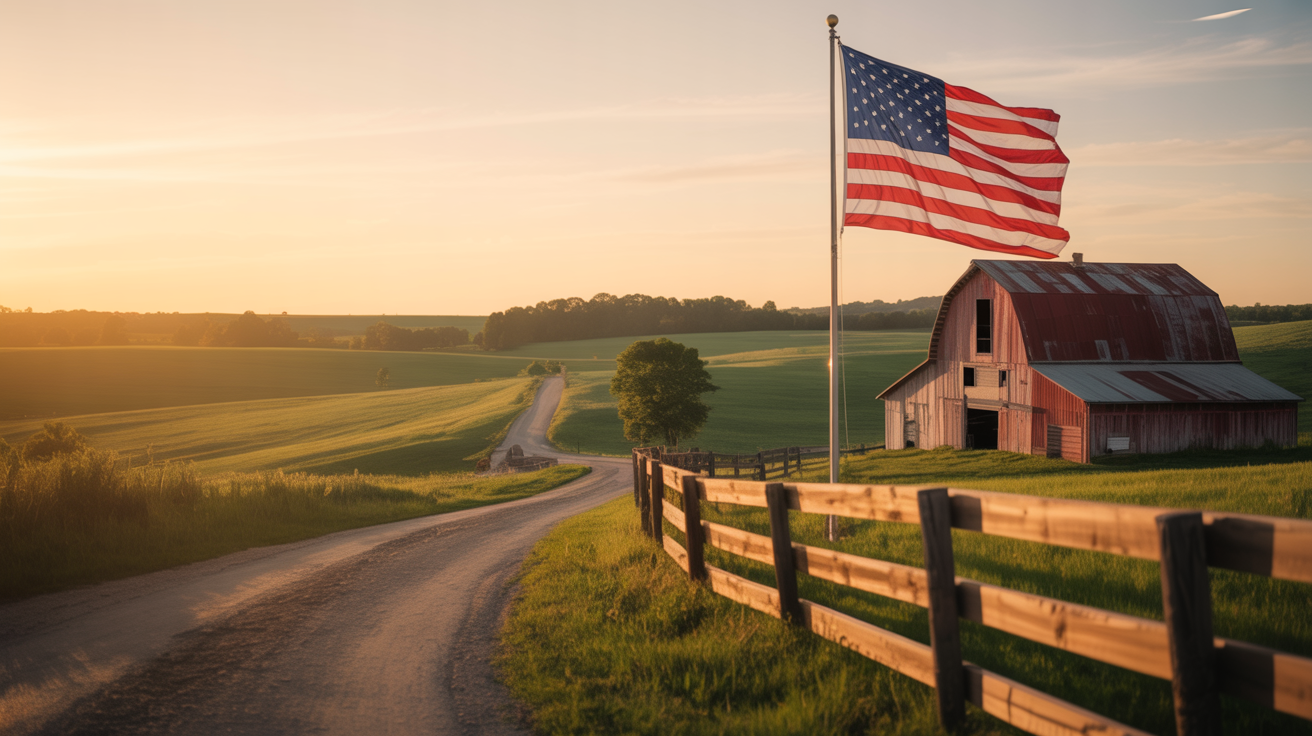 Rustic American countryside at golden-hour sunset with a weathered red barn, American flag, rolling farmland, country road and split-rail fence