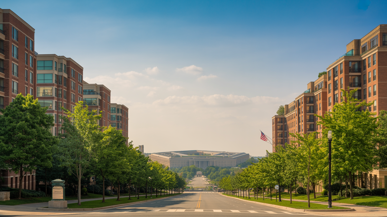 Pentagon City neighborhood in Arlington, Virginia — modern residential high-rises and tree-lined streets